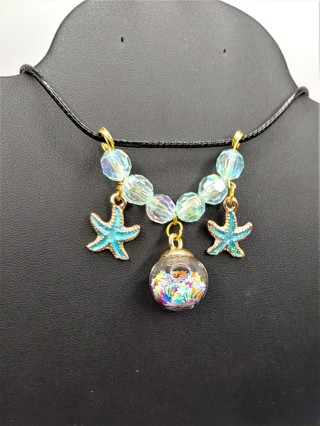 New Gold Plated and Blue Enamel Sand and Surf Necklace With Sea Stars and Light Blue Faceted Beads