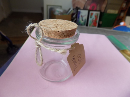 3 inch glass jar with corked lid and thank you tag, jute string