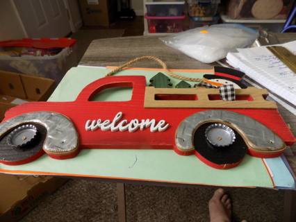 14 wide x 7 tall wood cut out red truck with trees