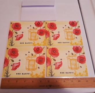 4 "Bee Happy" Notecards with Envelopes