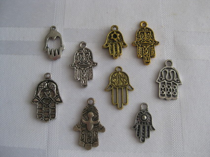 Hamsa hands, 9 all different jewelry making charms, antique gold and silver, new out of bag.