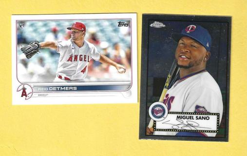 2022 Topps Series 1 Reid Detmers Rookie + 2021 Topps Chrome Miguel Sano Angels Baseball Card