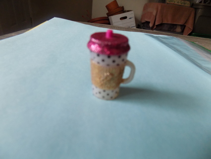 Mini Beverage tumbler/doll house pink metallic polka dot, gold trim