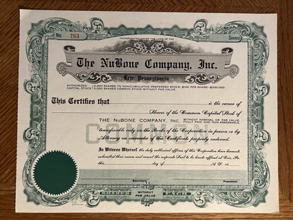 NuBone Company stock certificate Early 1900s Made women's corsets