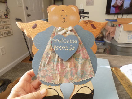 Wooden cut out bear angel with heart on chest says Welcome Friends 12 inch handpainted wallhanging
