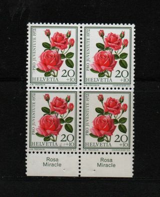 Switzerland semi postal issue - block of 4 MNH - on theme Roses