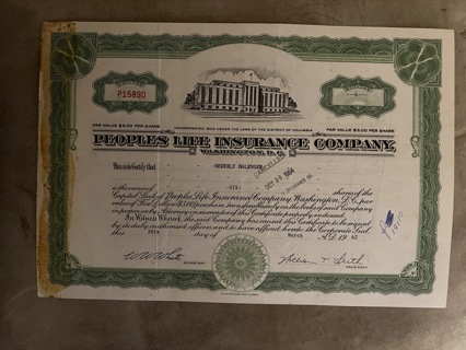 People's Life Insurance Stock Certificate 1962 Incorporated in District of Columbia