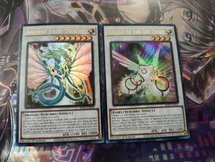 2 Ultra Rare Holo Yugioh Synchro Cards Ancient Fairy Dragon and Herald of the arc light