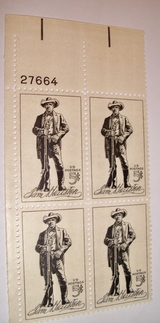 Scott #1242, Sam Houston, Pane of 4 Useable 5¢ US Postage Stamps