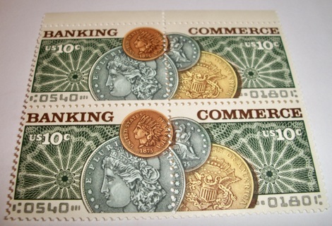 Scott #1577-78, Banking & Commerce, Pane of 4 Useable 10¢ US Postage Stamps Has original gum.