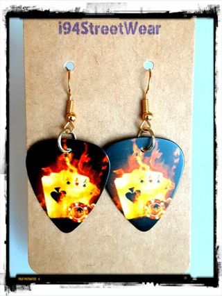 Playing Cards On Fire Guitar Pick Earrings B-5