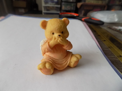 2 1/2 inch Vintage resin Teddy bear angel in peach gown hands over mouth Speak no Evil