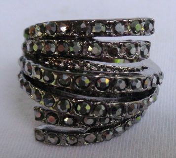 Chunky Size 10 Hematite Crystal 18KGB Crystal Layered Wrap Ring Sparkly Statement Cocktail