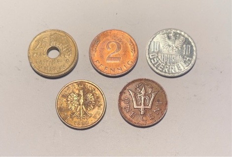 5 Different Penny Sized Foreign Coins