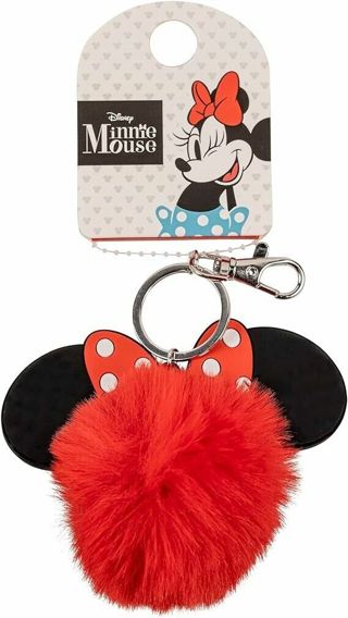 New Walt Disney Minnie Mouse Red Fuzzy Pom Pom Charm Purse Backpack Keychain