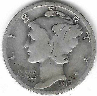 1919 Mercury Dime 90% Silver U.S. 10 Cent Coin