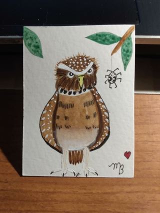 ACEO Original Watercolor Painting 2-1/2"X 3/1/2 Burrowing Owl & Little Friend by Artist Marykay Bond