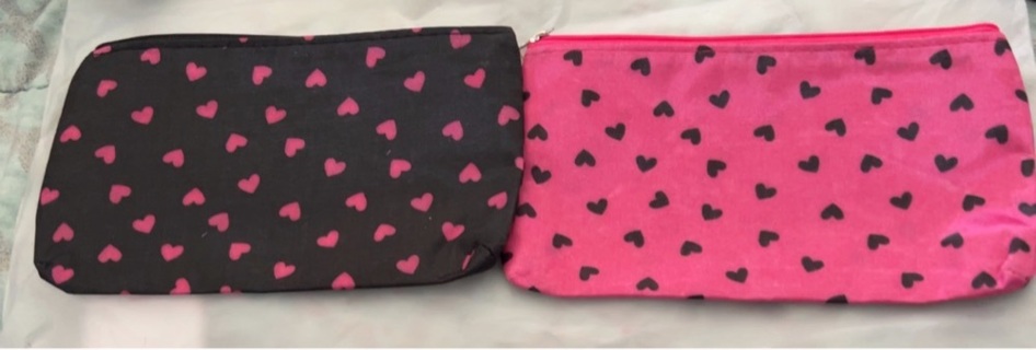 Two Brand New: Black & Pink Heart Covered Beauty / Wallet / Coin Purse. W/Zippered Top 7.0” x 4.0”