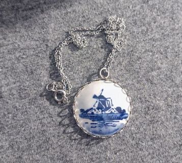 Vintage Delft Blue Windmill Necklace