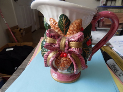 6 1/2 tall fancy ceramic pitcher large 3D pink & gold bow, pinecones, holly ribbed