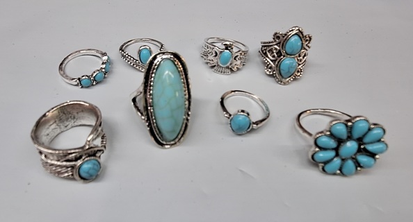 8 silver & lovely turquoise ladies jewelry rings assorted design