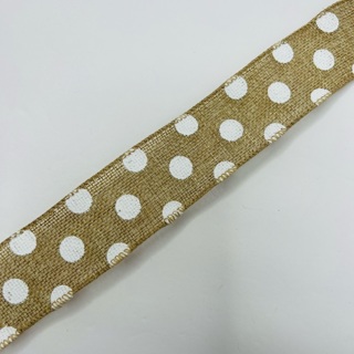 Tan Burlap White Polka Dot 1.5" Wire Edge Ribbon 