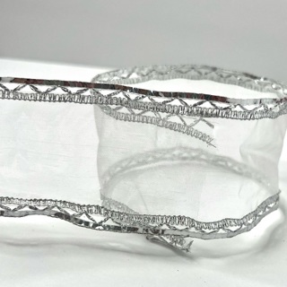 Silver Sparkly Edge Sheer 2.5” Wire Edge Ribbon 