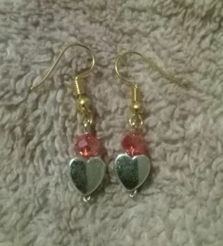 Red Crystal Silver Heart Dangling Hook Earrings