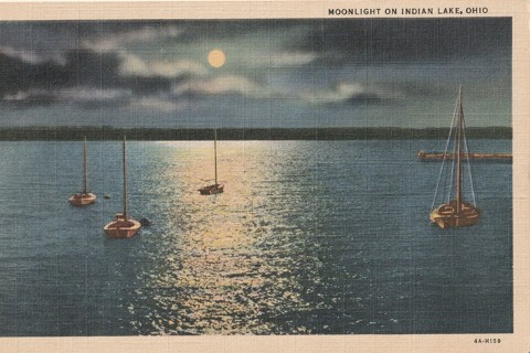 Vintage Unused Postcard: Linen: Moonlight on Indian Lake, OH
