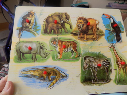 9 piece animals wooden puzzle monkey,elephant,rhino,crocodile tiger lion toucan zebra giraffe