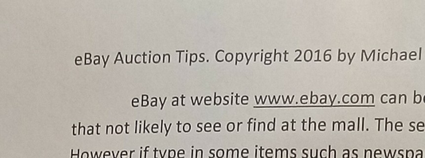 eBay Auction tip sheet information page printed put and mailed to the winner