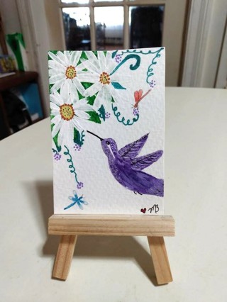 ACEO Original, Watercolor Painting 2-1/2"X 3/1/2" Humming Bird $ Dragonflies by Artist Marykay Bond