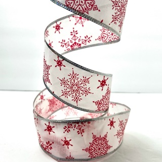 White Red Snowflakes 2” Wide Wire Edge Ribbon 