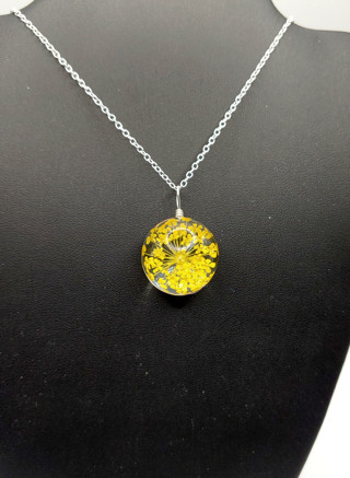 Beautiful New Pressed Yellow Flowers in Solid Glass Necklace 