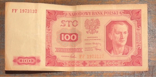 Vintage 1948 Polish 100 Zlotych Banknote 