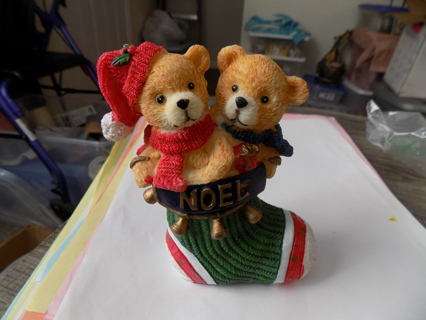 5 inch resin 2 tan teddy bears in Noel stocking 1 in red Santa hat, scarf