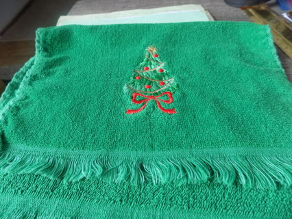 Christmas hand towel green with embroidiery tree, and fringes