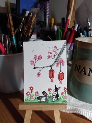 Original " 2-1/2 X 3-1/2" ACEO Lunar New Year Rabbit 2023 Watercolor Painting by Artist Marykay Bond