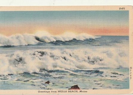 Vintage Unused Postcard: (t): Linen: Maine: Greetings from Wells Beach