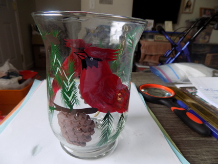 6 inch tall glass vase handpainted with cardinals, pine branch and pine cones beautiful