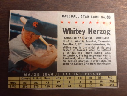 MLB 1961 Cereal ~ Whitey Herzog VG Very Good ~VINTAGE