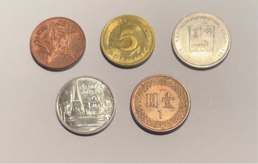 5 Different Penny Sized Foreign Coins 