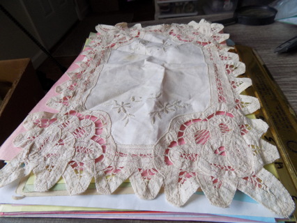 9 x 12 handmade doily  with lace cut out trim and embrodery flowers