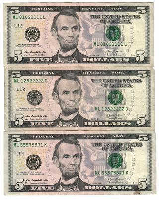3 Fancy Trinary $5 Dollar Bills! Series 2013 #'s 81031111, 12822222, 55575571 WOW! P12 