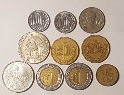 10 Coin Mexico 10 20 50 centavos 1976 1978 1994 1997 1999 1 Peso 1986 1995 1997 5 Pesos 1985