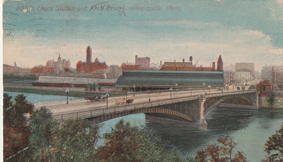 Vintage Used Postcard: 1913 Union Station & Arch Bridge, Minneapolis, MN