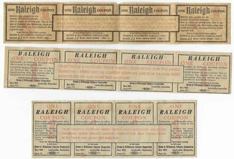 12 Vintage RALEIGH Cigarette COUPONS expired 1958 / 1963 / 1970