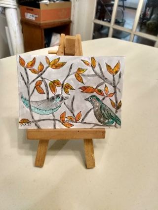 Original, Watercolor Painting " 2-1/2 X 3-1/2" ACEO Fall Birds by Artist Marykay Bond