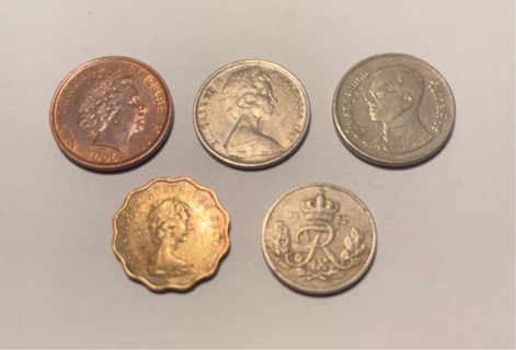 5 Different Vintage Penny Sized Foreign Coins 