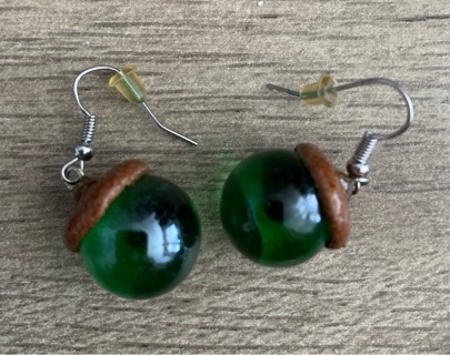 Green Glass Ball Acorn Style Hook Earrings Preowned